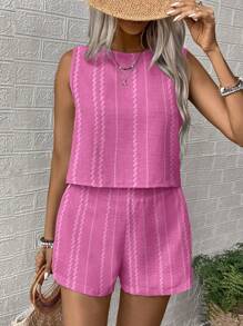 SHEIN LUNE Plus-Size Ladies' Woven Casual Summer Two Pieces Set