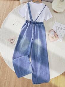 Set da 2 pezzi per ragazze adolescenti composto da maglietta stampata e pantaloni salopette in jeans con fiocco