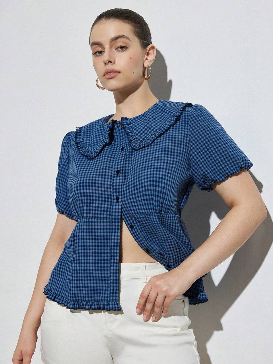 GENKIRA Plus Size Women Blue Textured Collegiate Patterned Fabric Ruffled Collar Tie Waist Puff Sleeve Blouse - Blue - View 1
