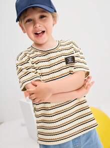 SHEIN 2pcs/Set Young Boy Casual Striped Round Neck Short Sleeve T-Shirt And Denim Shorts