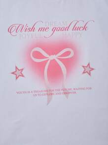 Set da 2 pezzi per ragazze adolescenti composto da maglietta stampata e pantaloni salopette in jeans con fiocco