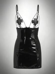 AltCore 2 piezas de cadena metálica, broches de pecho brillantes de PU y brillo, conjunto de ropa de fiesta con Charm punk, camisón sexy y elegante para fiesta para mujeres