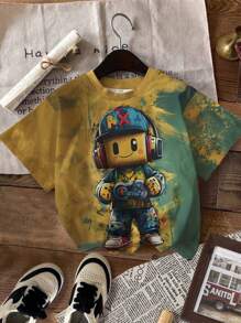 Young Boy Casual Creative Cartoon Game Console Pixel Human Pattern Printed Basic Short Sleeve T-Shirt, Fashion Sibling Matching Young Boy T Shirts