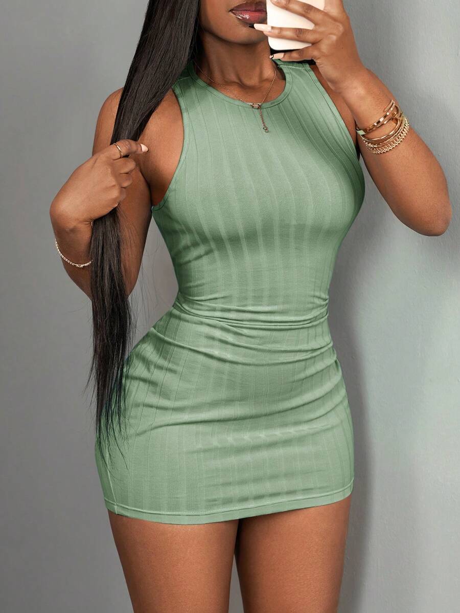 Slaydiva Vestido mini ceñido básico de cuello redondo sin mangas de verano - Azul sólido - Verde - Ver 1