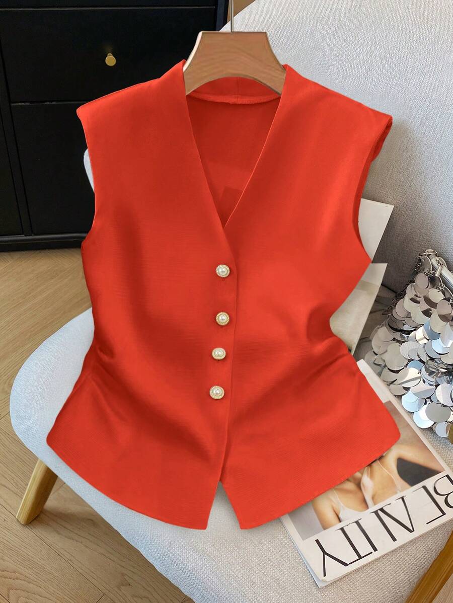 SHEIN Clasi Áo cánh hở trước không tay thanh lịch cho nữ - trái cam - Xem 1