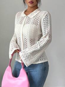 SHEIN Clasi Chiang Mai Sunshine Korean-Style Casual Vacation Chic Hollow Out Collar Cardigan Fall Cloth For Women