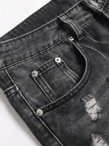 Manfinity Homme 男士休闲破洞口袋牛仔短裤，百搭 - 黑色 - 查看 7