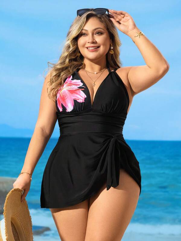 Swim Lushoire Conjunto de Maiô Bikini de 2 Peças para Mulheres Plus Size com Top Tankini de Alça Fina e Decote em V Estampado e Parte Inferior