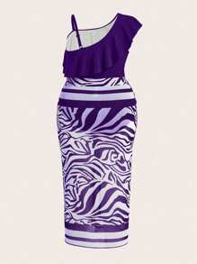 Swim Oasis Bộ đồ bơi liền thân họa tiết ngựa vằn cỡ lớn 2025 cho nữ màu trơn không đối xứng xếp nếp có váy quấn - Màu tím - Xem 4