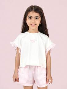 Conjunto de pijama de verano con mangas con volantes de SUMWON, con estampado de rayas, ropa de dormir cómoda, tela suave, atuendo para la hora de acostarse para uso casual y de vacaciones - Rosa - Ver 3