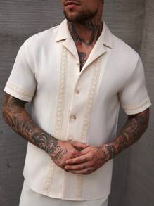 Manfinity Homme 男士系带装饰纽扣短袖宽松休闲衬衫 - 杏色 - 查看 3