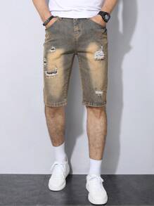 Manfinity Homme 男士撞色破洞口袋夏季休闲牛仔短裤 - 銅色 - 查看 3