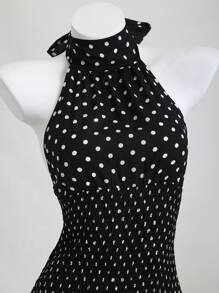 Elamini Polka Dot High Neck Waist Back Cut-Out Tie-Up Hem Contrast Ruffle Mini Dress, Elegant & Romantic For Beach, Daily Outing, Date