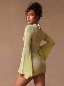 SHEIN Unity Vestito a maniche lunghe, coprente per piscina, estivo e sexy, adatto per festival musicali, mini lunghezza, in maglia di cotone, adatto per brunch, spiaggia, uso casual quotidiano e occasioni formali, abbigliamento da donna - Verde - Visualizzare 2