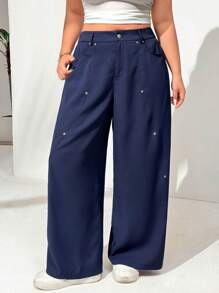 SHEIN EZwear Plus Size Navy Casual Cargo Pants, Summer - Navy Blue - View 1