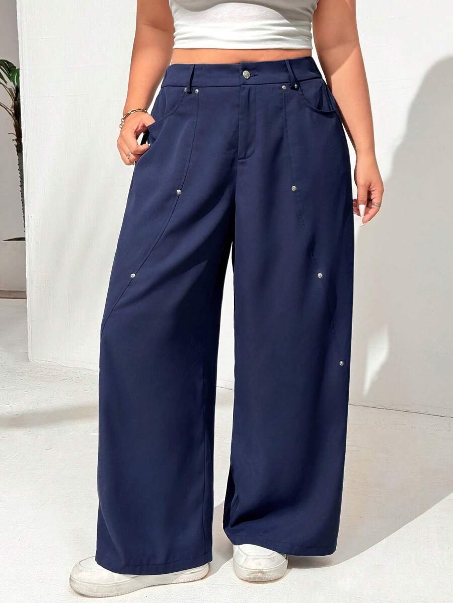 SHEIN EZwear Plus Size Navy Casual Cargo Pants, Summer - Navy Blue - View 1