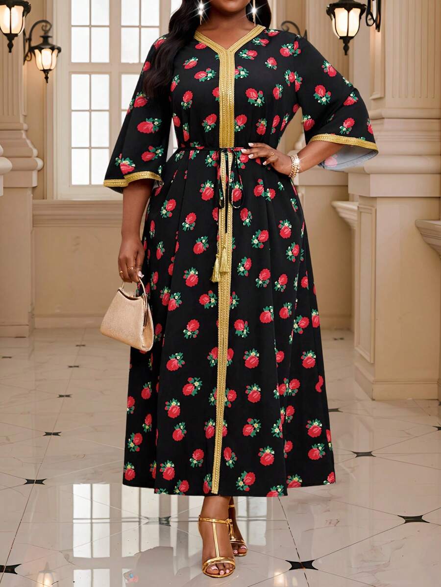 SHEIN Lady 春夏优雅优雅适度办公室彩色编织 V 领带流苏开叉束腰连衣裙中长七分袖加大码连衣裙教堂连衣裙 - 彩色 - 查看 1
