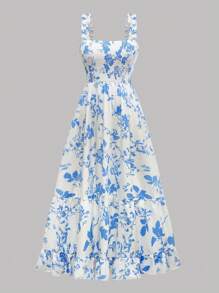 SHEIN LUNE 加大码女式花卉印花荷叶边下摆细肩带可调节胸围A字长裙女装 - 藍白色 - 查看 5