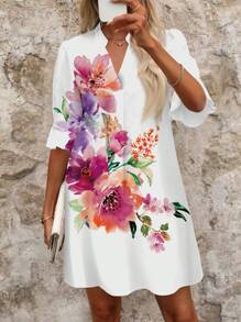 SHEIN Clasi Summer Floral Print V-Neck Short Sleeve Loose Casual Women Mini Dress, Suitable For Daily, Leisure, Travel Summer Outfits For Women  Vacation Dress Tea Party Dress,Summer Dresses For Women Summer Outfits For Women  Classy Outfits For Women  Elegant Dresses For Women Autumn Boho Chic Dress