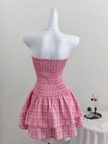 Flirla Pink Plaid Print Sweet Girl Beach Vacation Fitted Slim Dress - Pink - View 2