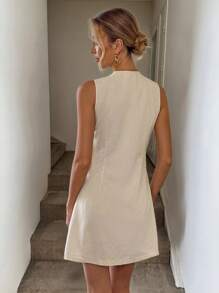 Easowa 亚麻纽扣前收腰喇叭形 A 字无袖迷你连衣裙，女士休闲度假优雅街头服饰 - 杏色 - 查看 2