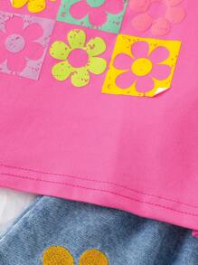 Conjunto de 2 piezas para niñas: Camiseta de manga corta con gráfico floral y shorts de mezclilla bordados