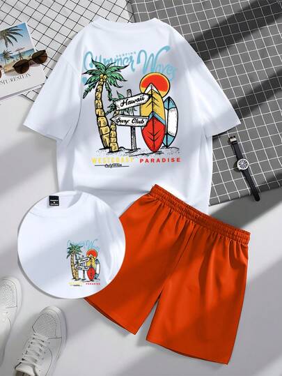 Manfinity Chillmode 2件套男士棕榈树印花短袖T恤和纯色短裤套装