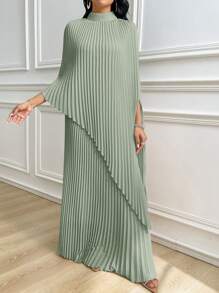 Modelyn SHEIN X Hannahelzahed 女式纯色褶皱立领优雅复古连衣裙 - 綠色 - 查看 7