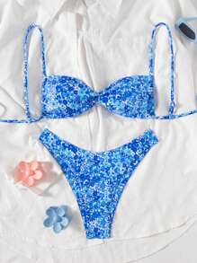 SHEIN Swim 2pcs Women's New Ditsy Floral Spaghetti Strap Top And Bikini Bottoms Sexy Bikini Set Set For Summer Beach Vacation