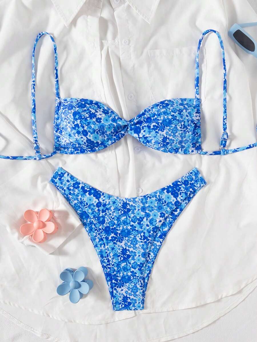 SHEIN Swim 2pcs Women's New Ditsy Floral Spaghetti Strap Top And Bikini Bottoms Sexy Bikini Set Set For Summer Beach Vacation