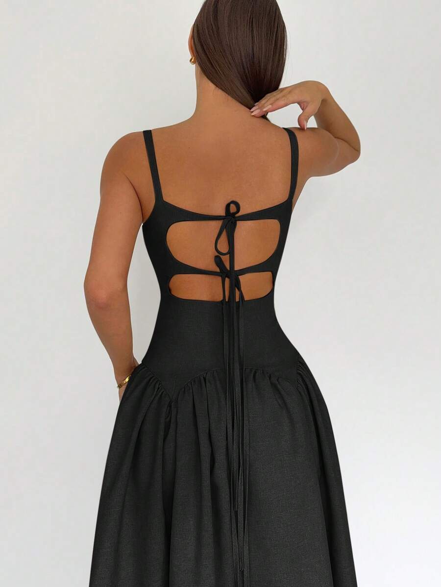 Siren Gaze Váy đen dáng chữ A midi buộc lưng, phù hợp cho kỳ nghỉ, phong cách Boho - màu đen - Xem 1