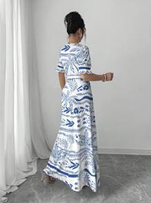 Yasmyna Vestido largo de moda para mujer con estampado de hojas de plantas frescas y flores pequeñas - Multicolor - Ver 2