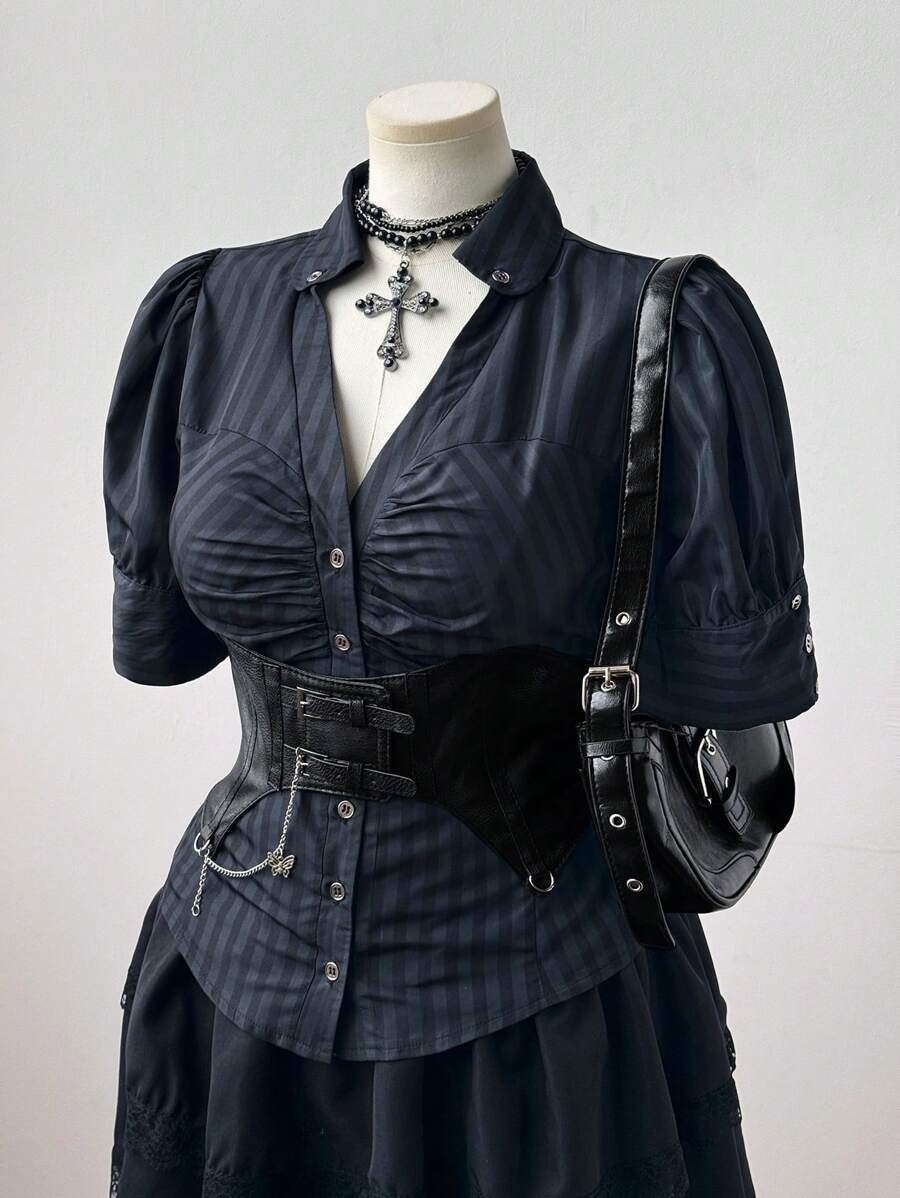 Sweetra Plus Size Women's Solid Color Ruffle Short Puff Sleeve Casual Blouse - Black - View 1