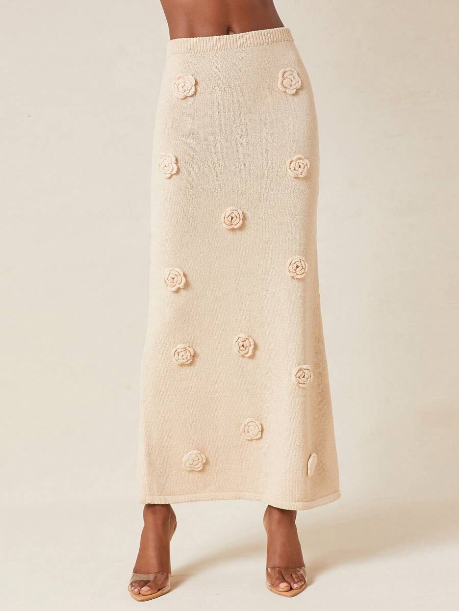 NYA SZN Knit Rose Floral Crochet Classy Church Party Brunch Elegant Gyaru Club Going Out Sexy Concert National Tour Music Festival Summer Skirt - White - View 1