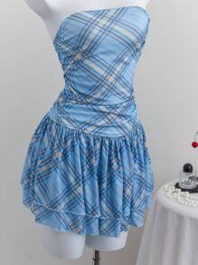 Elamini 蓝色格纹甜美浪漫沙滩度假露肩褶饰腰部荷叶边下摆连衣裙欧美风春夏 - 藍色 - 查看 5
