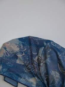 Elamini Blue Mesh Floral Print Tube Top, Fashionable Resort Style, Front Knot Design - Blue - View 5