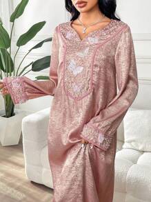 Yasmyna 女式缺口领口串珠刺绣优雅长袖土耳其和阿拉伯传统长裙，端庄 - 粉色 - 查看 2