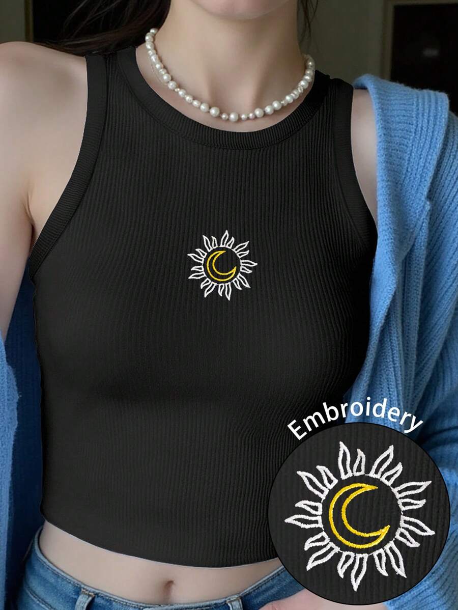 INAWLY 女士太阳与月亮简约刺绣装饰圆领短款吊带背心