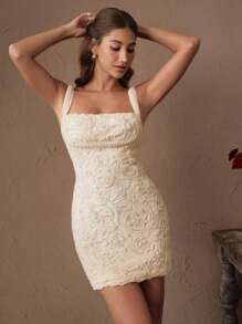 Anewsta Savoree 米色优雅派对/约会纹理花卉面料珍珠链装饰细肩带紧身迷你连衣裙 - 杏色 - 查看 5