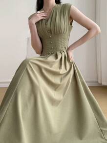 Heiryn V领腰部褶皱A字优雅浪漫百搭通勤连衣裙 - 綠色 - 查看 3