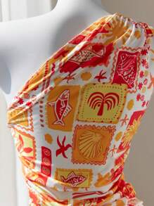 Lunelith SHEIN Lunessa Top court moulant avec épaule asymétrique froissée à la taille, imprimé graphique coloré. Décontracté, plage, élégant, mignon, quotidien, sortie, été pour femme