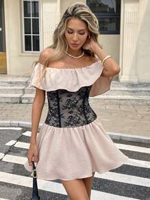 SHEIN Essnce Women's One-Shoulder Lace Splicing Ruffle Waisted A-Shape Mini Dresses,Pink Floral,Summer,Elegant,Birthday Party,Wedding Guest,Beach Vacation Outfits - Apricot - View 8