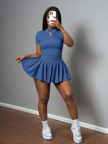 Slaydiva New Spring And Summer Casual Basic Style, Sports Style, Simple Round Neck, Short Sleeves, Pleated Short T-Shirt On Both Sides + A Swing Umbrella Skirt, Short On Both Sides, Front And Back, Medium Length, Light Gray Ribbed Knitted Fabric Women's Two Pieces Set Blue - Blue - View 6
