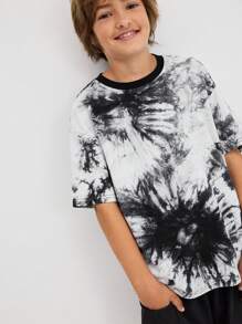 SHEIN 2pcs Set Tween Boys' Loose Casual Comfortable Tie Dye Pattern Round Neck Short Sleeve T-Shirt And Shorts - Black - View 3