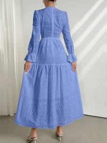 Modelyn 女士优雅V领刺绣网眼喇叭袖连衣裙 - 藍色 - 查看 2