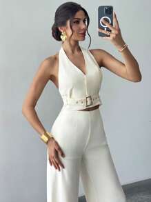 Firerie Women's Elegant Sleeveless Backless Halter Neck Fashion Blazer Set 2pcs Women Summer Elegant Casual Outfit, Work Clothes,Vacation, Graduation, Daily Wear,Commuter,Loose V-Neck Sleeveless Tied Waist Elastic Waist Straight Leg Pants, Beige In Fall/Winter