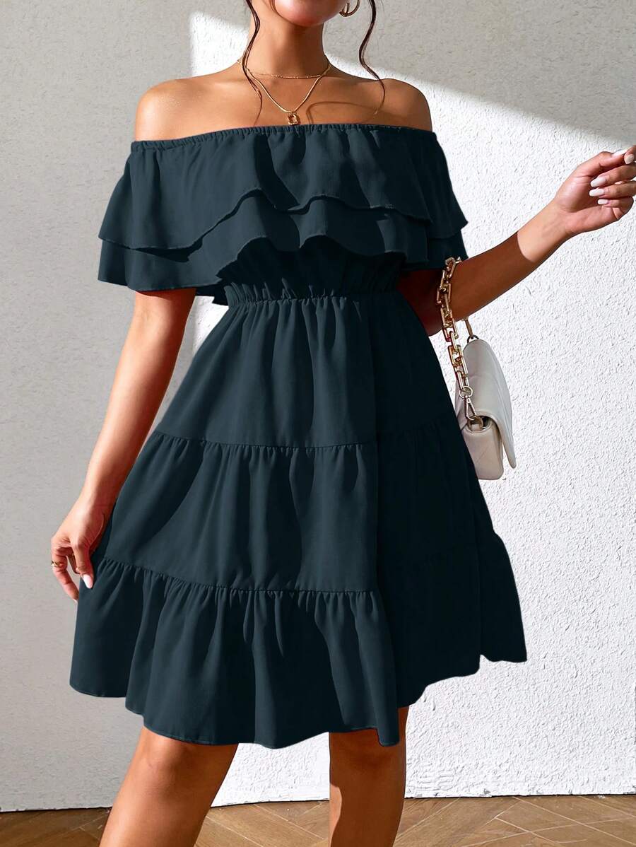 Chiquease 女式度假纯色露肩荷叶边下摆时尚连衣裙