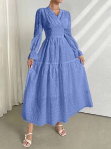 Modelyn 女士优雅V领刺绣网眼喇叭袖连衣裙 - 藍色 - 查看 7