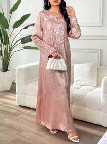 Yasmyna 女式缺口领口串珠刺绣优雅长袖土耳其和阿拉伯传统长裙，端庄 - 粉色 - 查看 4