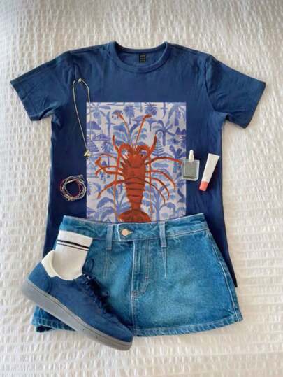 INAWLY Women's Summer Lobster Print Round Neck Short Sleeve Casual Regular T-Shirt